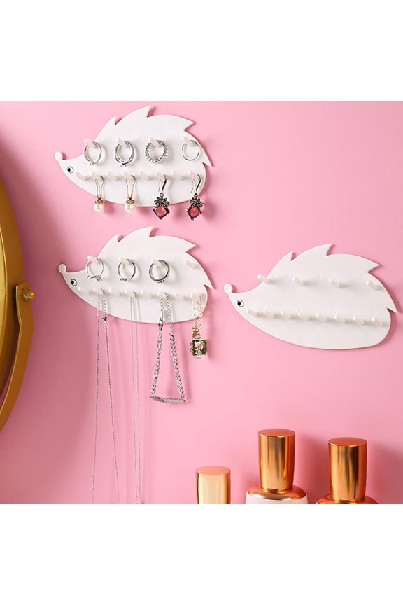 Wall Mounted Jewelry Organizer, Non Punching Adhesive Storage Rack for Necklaces Rings, Double Layer Space Saving Hanging Display for Bedroom Closet Bathroom