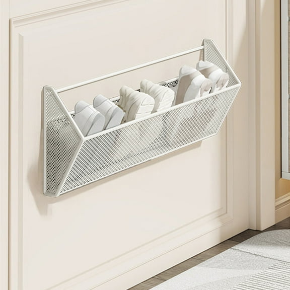 ZZkhGO Wall Mounted Shoe Rack, Non Perforated Slipper Rack for Bathroom Door, Stainless Steel Towel Hanger with Adjustable Height for Entryway Hotel, White