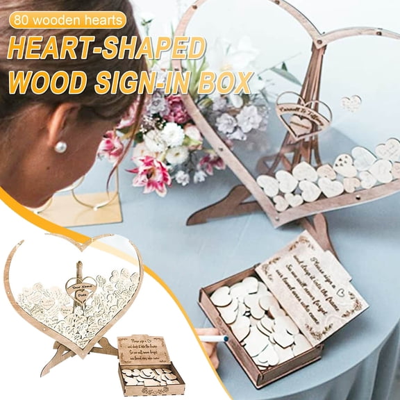 ZZkhGO Wedding Guest Book Drop Box, Wooden Frame Heart Shape Drop Guest Book with 80 Blank Hearts, Wedding Table Scatter Display Decoration Crafts for Vow Books Baby Shower