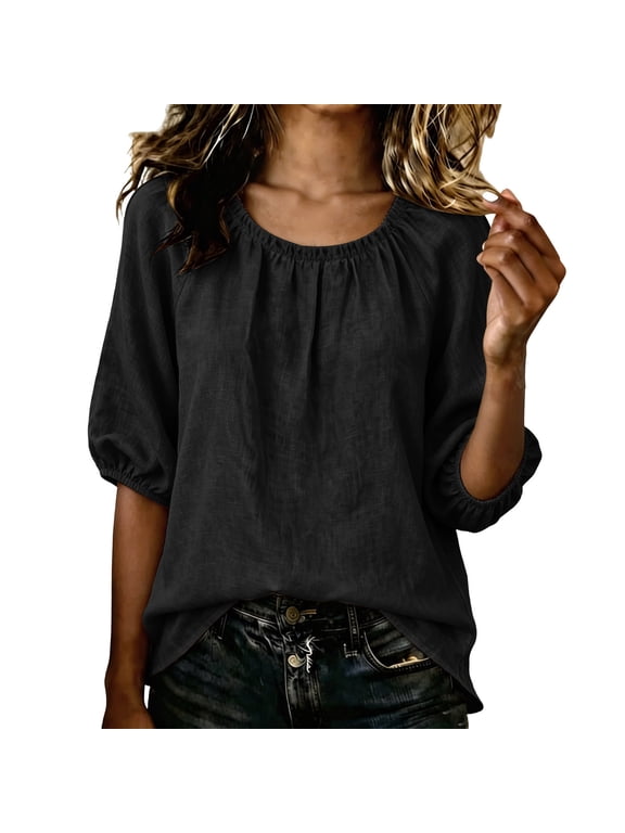 Women's Blouse Flowy Round Neck 3/4 Sleeve Solid Casual Basic Loose Tops Summer Lightweight Soft Puff Sleeve Smocked Cuffs Blouse, Black S