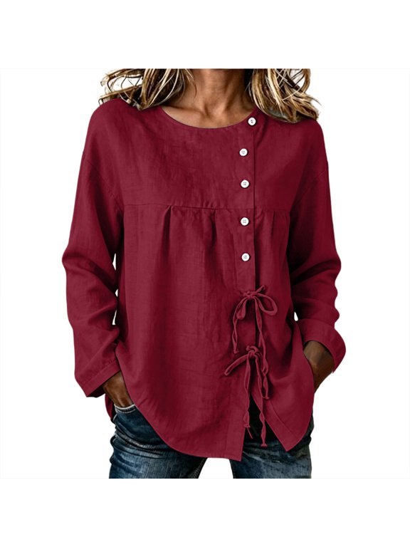 Women's Cotton Linen Solid Color Crew Neck Long Sleeve Blouse Asymmetric Button Placket Side Tie Drawstring Loose Top with Pockets