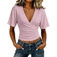 thumbnail image 1 of ZZkhGO Women's Crop Tops Ruched V Neck Short Sleeve Solid Casual Fashion Summer Slim Tops, Pink XXL, 1 of 7