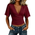 thumbnail image 1 of ZZkhGO Women's Crop Tops Ruched V Neck Short Sleeve Solid Casual Fashion Summer Slim Tops, Wine L, 1 of 7