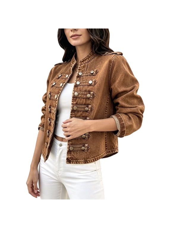 Women's Cropped Denim Jacket Stand Collar Military Epaulets Double Breasted Casual Outerwear