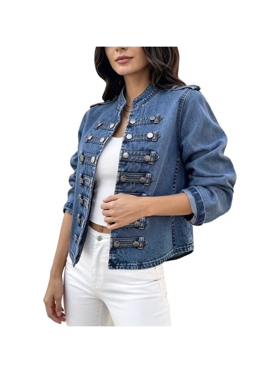 Women's Cropped Denim Jacket Stand Collar Military Epaulets Double Breasted Casual Outerwear
