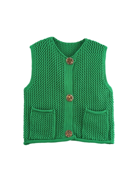 Women's Fall Summer Wool Button-Front Cardigan Vest Round Neck Sleeveless Solid Knit Top