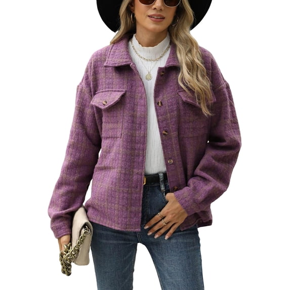 ZZkhGO Women's Long Sleeve Lapel Hoodless Jacket Plaid Button Cardigan Coat Top with Pocket Fall Casual Thickened Turndown Woollen Coat