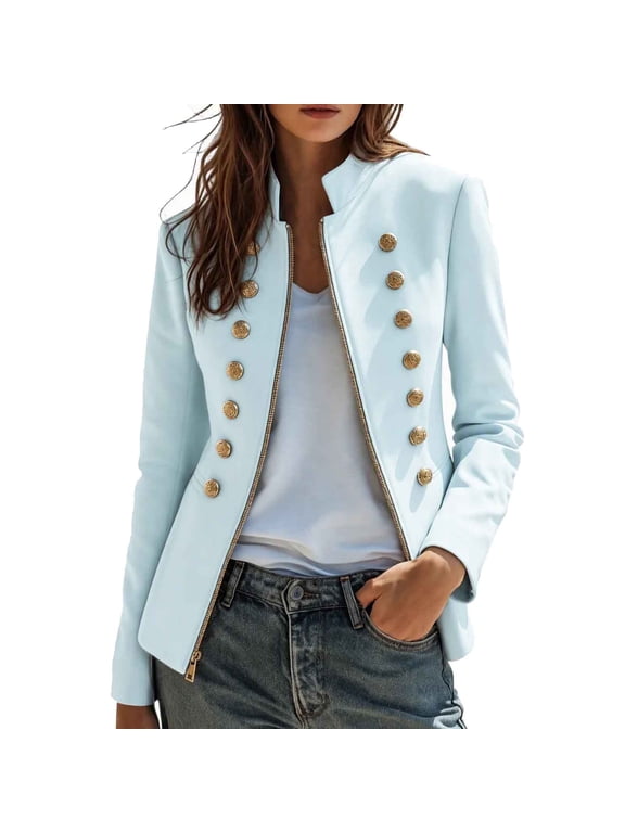 Women's Military Jacket Stand Collar Button Full Zip Long Sleeve with Lining for Work Wear