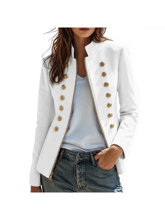 Women's Military Jacket Stand Collar Button Full Zip Long Sleeve with Lining for Work Wear