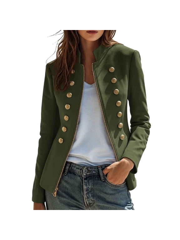 Women's Military Jacket Stand Collar Button Full Zip Long Sleeve with Lining for Work Wear