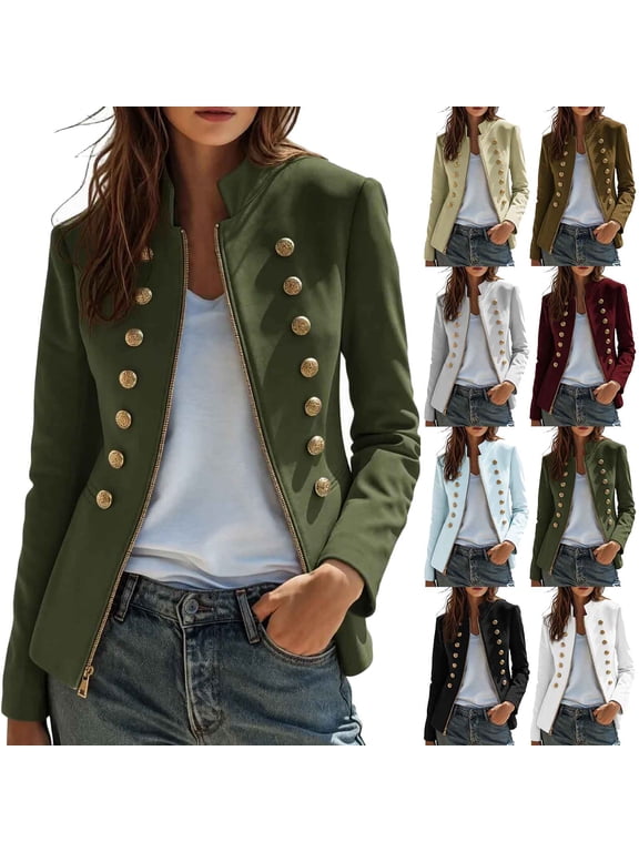 Women's Military Jacket Stand Collar Button Full Zip Long Sleeve with Lining for Work Wear