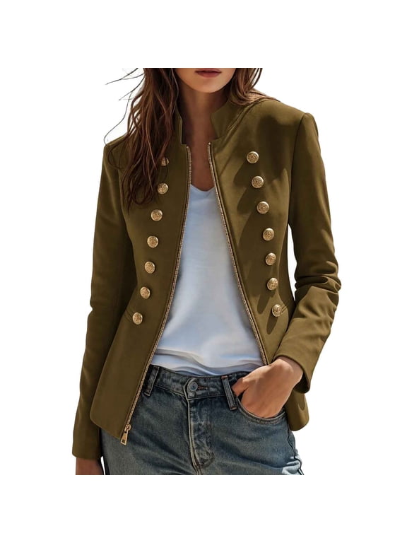 Women's Military Jacket Stand Collar Button Full Zip Long Sleeve with Lining for Work Wear