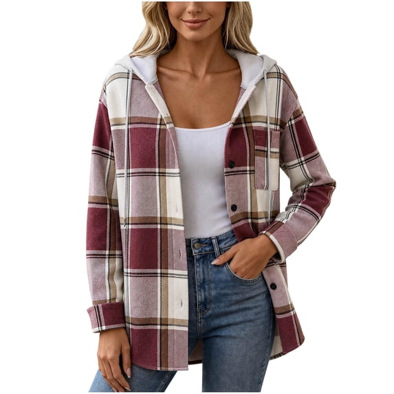 ZZkhGO Women's Plaid Hooded Button‑Front Cardigan Coat Long Sleeve Oversized Outerwear with Chest Pocket
