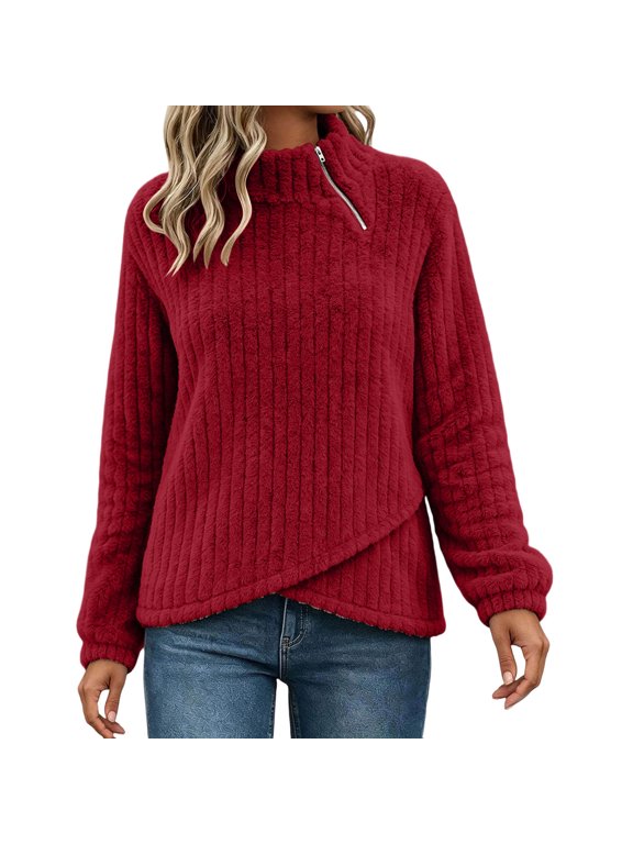 Women's Winter Fleece Half‑Zip Stand Collar Quarter Zip Pullover Irregular Wrapped Hem Soft Warm Long‑Sleeve Top