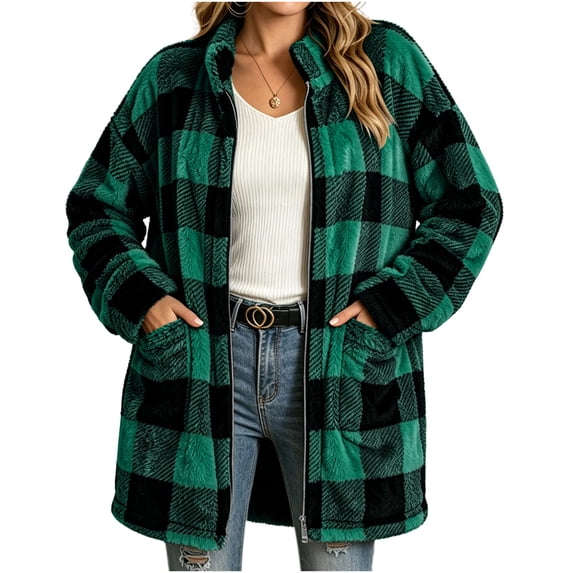 ZZkhGO Women's Winter Plaid Button‑Front Lapel Velvet Winter Jacket with Side Pockets Mid‑Length Double‑Sided Warm Coat