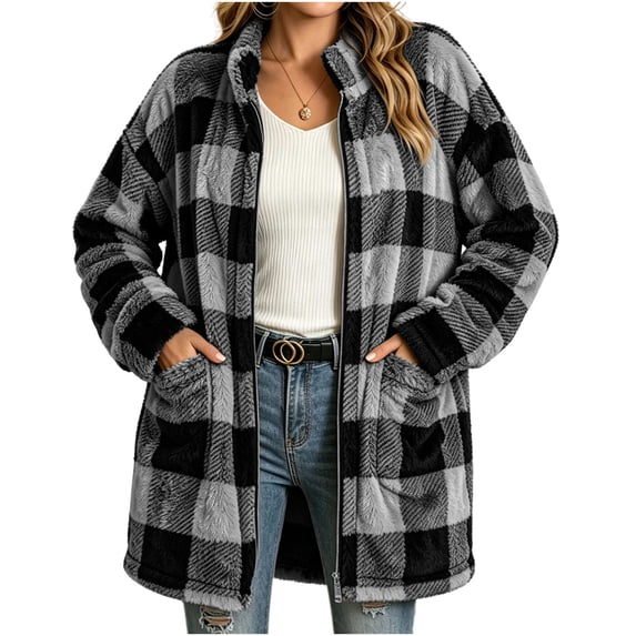 ZZkhGO Women's Winter Plaid Button‑Front Lapel Velvet Winter Jacket with Side Pockets Mid‑Length Double‑Sided Warm Coat