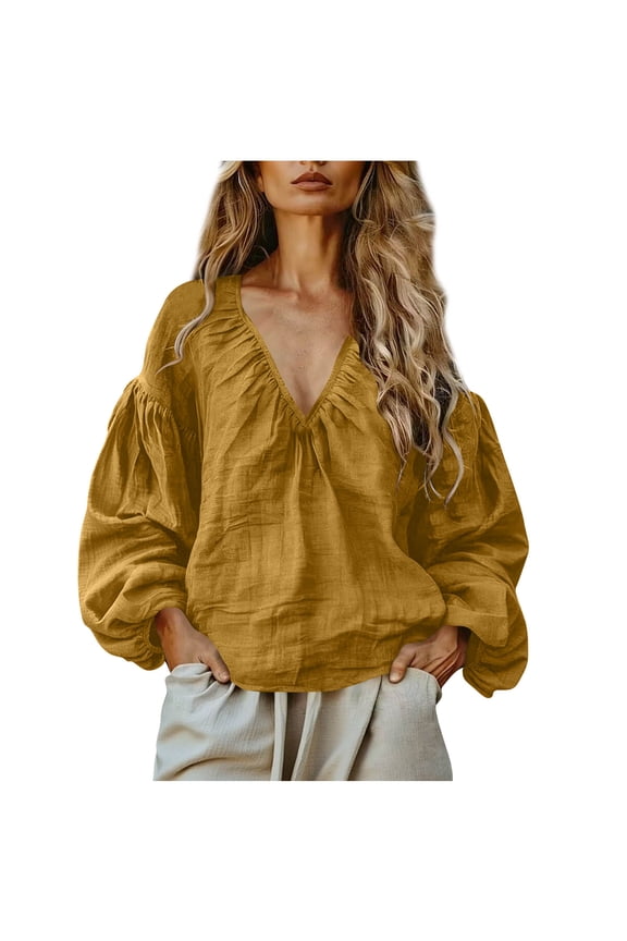 Womens Blouse Flowy Puff Sleeve V Neck Long Sleeve Solid Boho Casual Loose Top Summer Fall Spring Lightweight Soft Ruched Drop Shoulder Pleated Tunic, Yellow XL