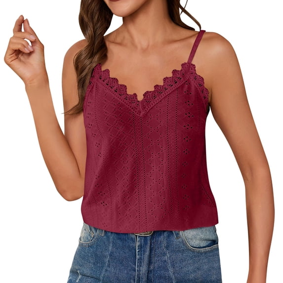 ZZkhGO Womens Tank Tops Eyelet Lace V Neck Spaghetti Strap Casual Boho Summer Lightweight Soft Camisole, Hot Pink XL