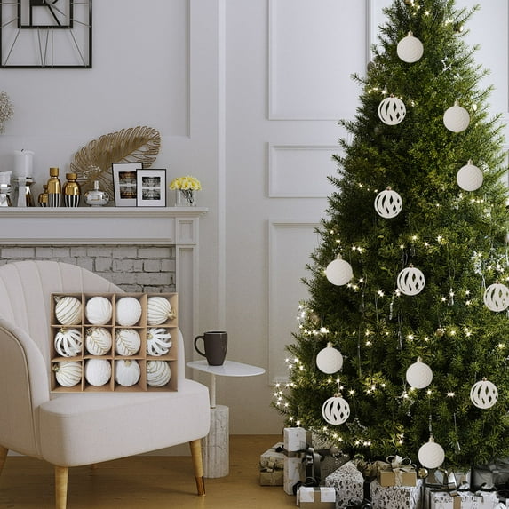 ZZkhGo 12-Pack 6cm Flocked Velvet Christmas Balls Set Assorted Finishes Matte Gloss Glitter Shatterproof Holiday Ornaments Boxed Tree Decorations
