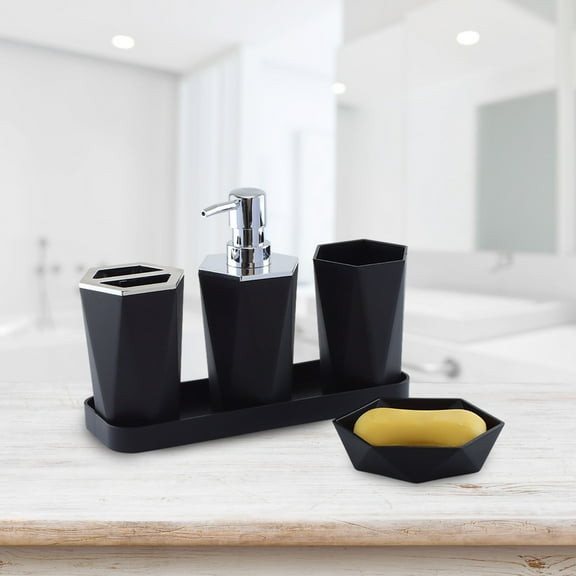 ZZkhGo 5 Piece Bathroom Accessory Set Soap Dispenser Toothbrush Holder Tumbler Soap Dish Organizer Tray Durable PP Plastic