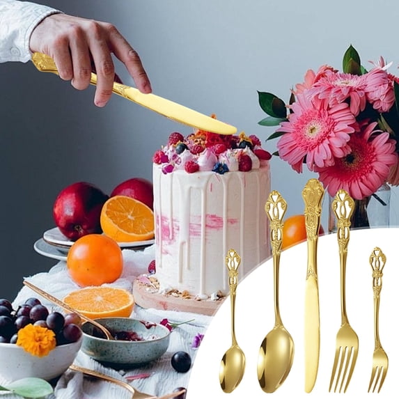 ZZkhGo 5-Piece Stainless Steel Decorative Cutlery Set Floral Handle Heavy-Duty Forks Spoons Knife Elegant Tableware Dishwasher Safe