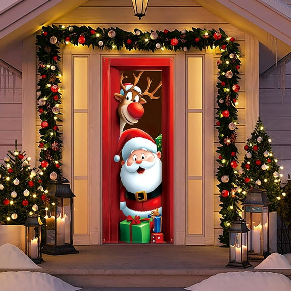 ZZkhGo 90x180cm Festive Door Cover Polyester Merry Christmas Entrance Banner Reusable Indoor Outdoor Holiday Curtain Panel Printed Scene