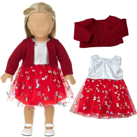 ZZkhGo Doll Clothes Outfit Set for 12-18in Dolls – Red Coat Yarn Dress Headband Socks for 14–18in Dolls Easy Dressing Holiday Costume