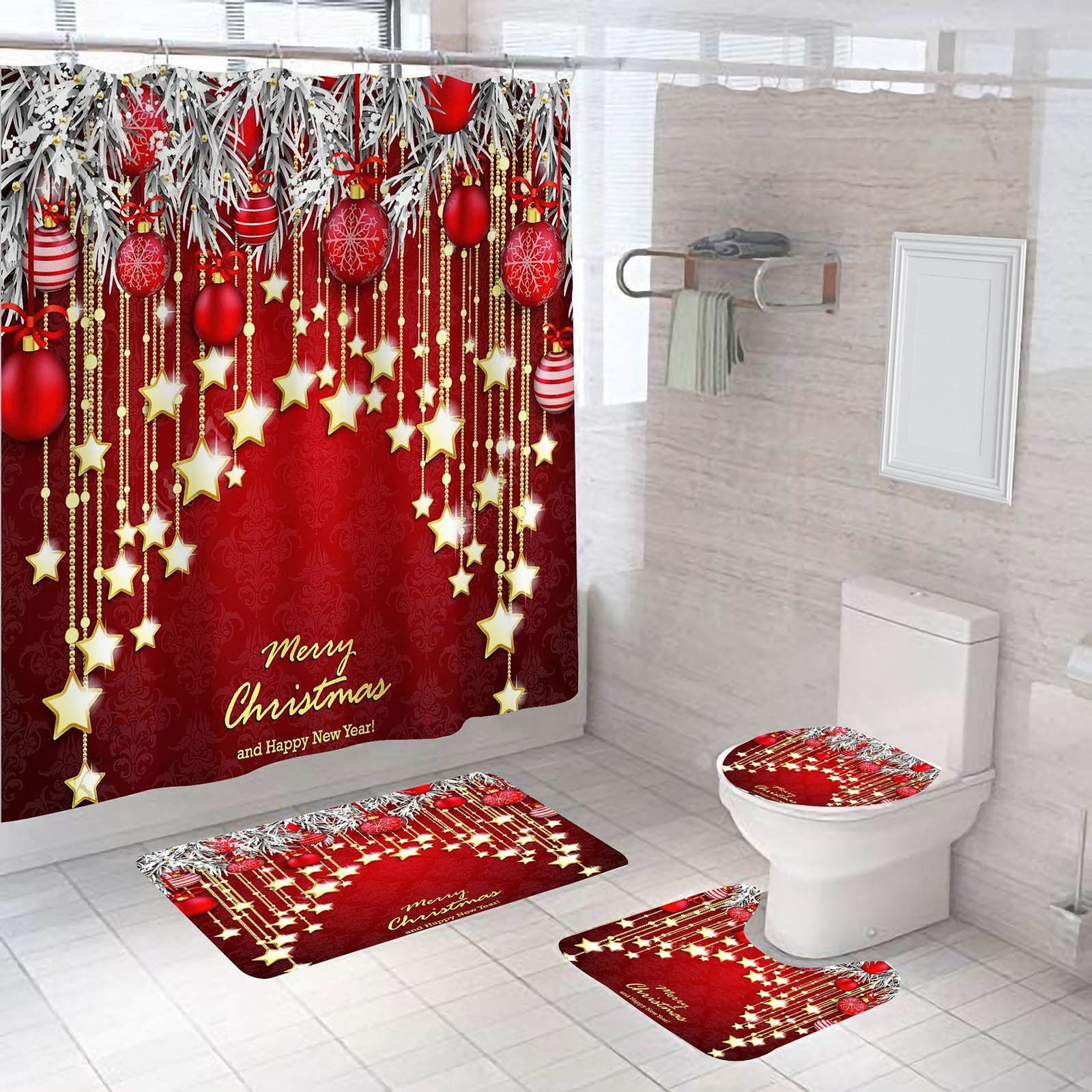 ZZkhGo Flash Deal Curtain With Liner 4Pcs Christmas Bathroom Sets With