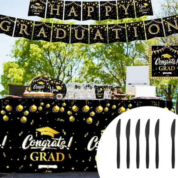 ZZkhGo 2024 Graduation Party Supplies Set Black Gold Graduation Plates Cup Napkin fork Knife Spoon Straw Disposable Dinnerware Set for Congrats Grad Party Decorations Party Theme