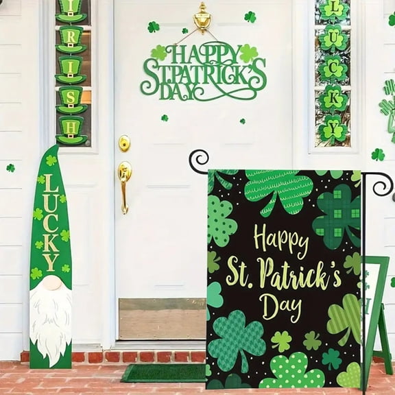 ZZkhGo Home Decoration St Patrick's Day Garden Flag 45x30 cm Linen Double Sided Checkered Leprechaun Shamrock Pot of Gold Happy Irish Holiday Outdoor Decorative Yard Banner Green