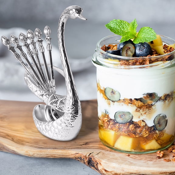 Usbinx Life Swan Stand Coffee Spoon and Dessert Fork Set 6 Pieces Stainless Steel Tableware with Swan Display Rack Elegant Serveware 12cm Spoon 13cm Fork