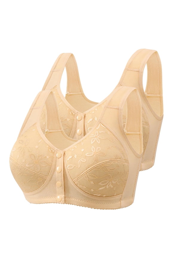 2 Pack Front Snap Closure Bras for Women, No Underwire Push Up Bra Plus Size Front Button Comfort Cotton Bras S-4XL