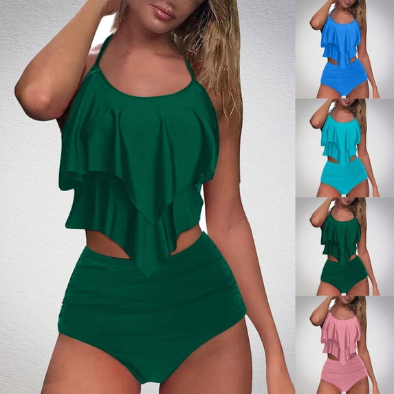 ZZwxWA 2 Piece Bikini Sets for Women High Waisted Ruffle Halter Swimsuit Trendy Bathing Suits Push Up Summer Beach Wear
