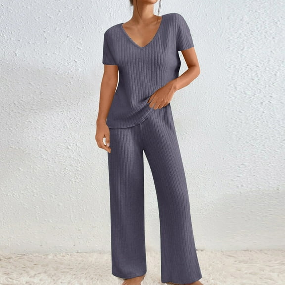 ZZwxWA 2 Piece Lounge Set Women Casual Ribbed Knit Pajama Set Short Sleeve Tops and Pants Set Loose Comfy Loungewear Sets Solid Color