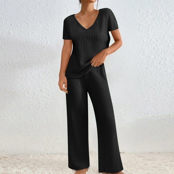 ZZwxWA 2 Piece Lounge Set Women Casual Ribbed Knit Pajama Set Short Sleeve Tops and Pants Set Loose Comfy Loungewear Sets Solid Color