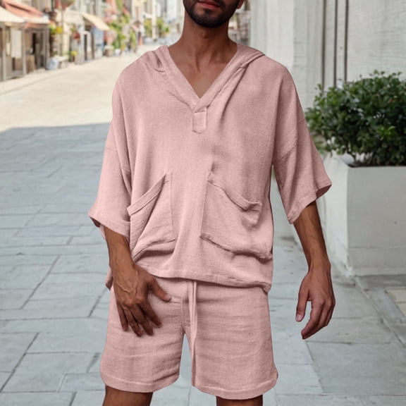 ZZwxWA 2 Piece Men Summer Sets Linen Cotton Blend 3/4 Sleeves Hoodies Top and Drawstring Shorts Pajamas Comfy Beach Outfits Holiday Gift Finder