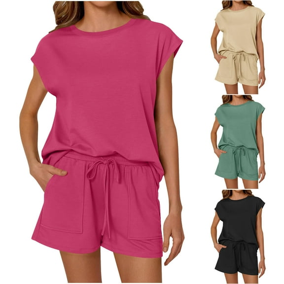 ZZwxWA 2 Piece Sets for Women Casual Summer Lounge Set Cap Sleeve Tops and Elastic Waist Shorts Tracksuit Solid Color Athletic