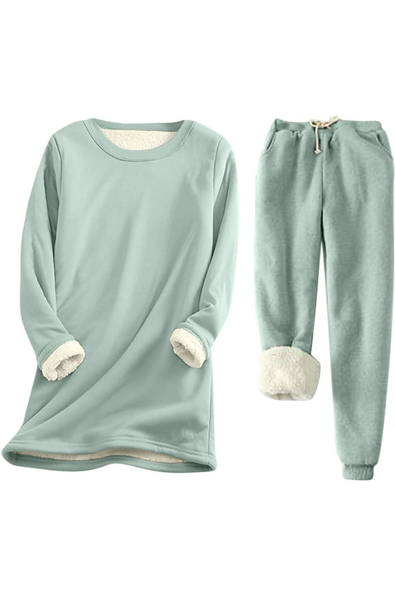 Fleece Pajamas Women Casual Sherpa Lined Fuzzy Pajama Fall Winter Outfits Warm Cozy Thermal Lounge Set