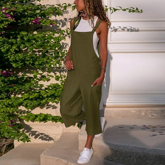 ZZwxWA Women Cotton Linen Jumpsuit Wide Leg Casual Overalls Baggy Cargo Pants Solid Color Straight Sweatpants Work Pants