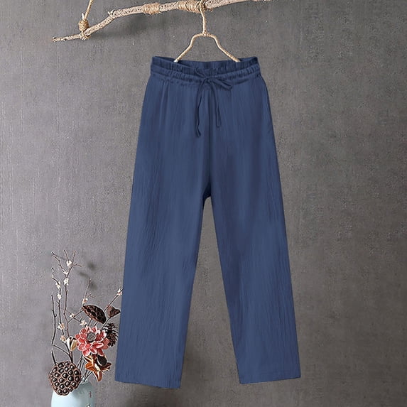 ZZwxWA 2025 Trendy Pants Women Cotton Linen Summer Wide Leg Palazzo Pants for Women Casual Loose High Waist Drawstring Trousers up to 45% Off