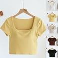 thumbnail image 1 of ZZwxWA 2025 Women's Short Sleeve Square Neck Crop Top Summer Cropped Tees Solid Color Lightweight Blouse, 1 of 6