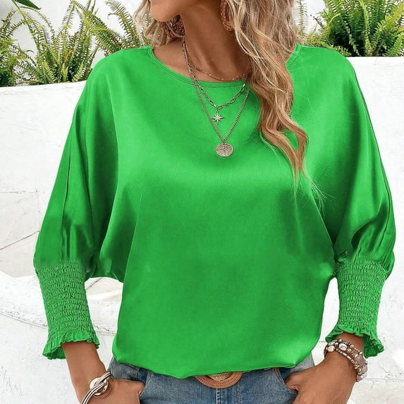 ZZwxWA 3/4 Length Sleeve Tunic Tops for Womens Summer 2025 Trendy Crew Neck Smocked Cuff Work Dressy Casual T Shirt Blouses