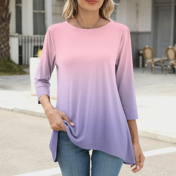 ZZwxWA 3/4 Length Sleeve Womens Tops 2025 Spring Shirts Crewneck Blouses Lightweight Gradient Color Tunic Tops Blouse Clothes