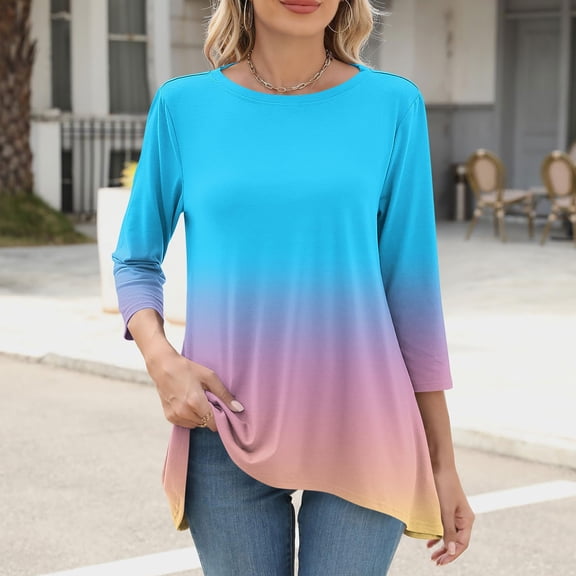 ZZwxWA 3/4 Length Sleeve Womens Tops 2025 Spring Shirts Crewneck Blouses Lightweight Gradient Color Tunic Tops Blouse Clothes