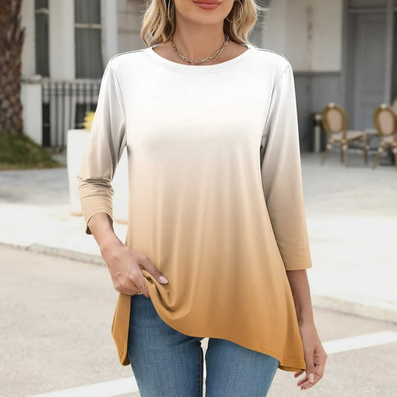 ZZwxWA 3/4 Length Sleeve Womens Tops 2025 Spring Shirts Crewneck Blouses Lightweight Gradient Color Tunic Tops Blouse Clothes