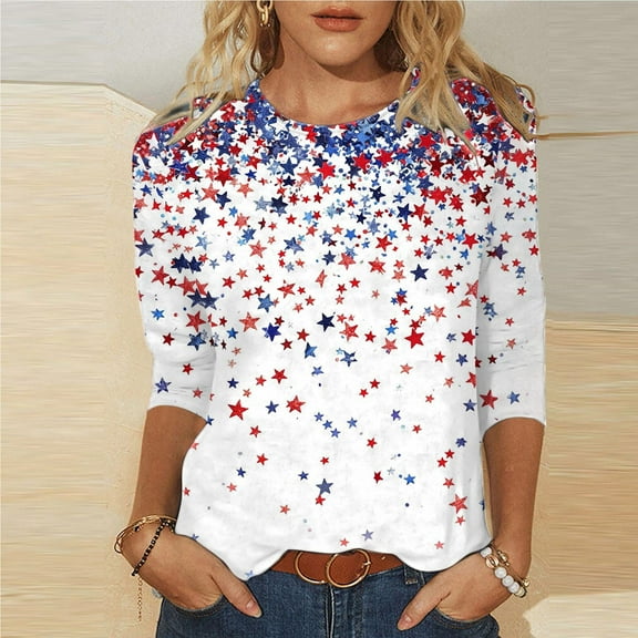 ZZwxWA 3/4 Length Sleeve Womens Tops Round Neck Trendy Casual Blouses Loose Fit Floral T-Shirt Shirts