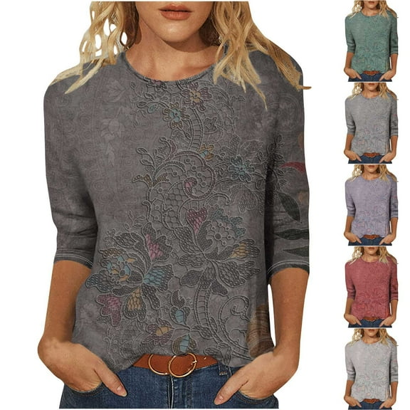 ZZwxWA 3/4 Length Sleeve Womens Tops Round Neck Trendy Casual Blouses Loose Fit Floral T-Shirt Shirts