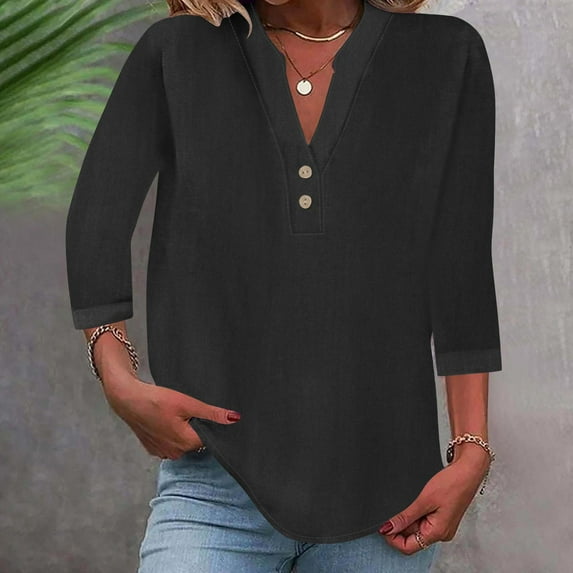 ZZwxWA 3/4 Sleeve Linen Tops for Women 2025 Loose Fit V Neck Button Down Shirts Cute Solid Summer Beach Tee Shirts
