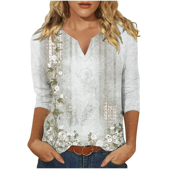 ZZwxWA 3/4 Sleeve Tops for Women Summer Floral Paisley Print Tees Shirts Trendy Ladies Blouses Dressy Casual Clothing 2025 Basic V Neck Tops for Women up to 45% Off