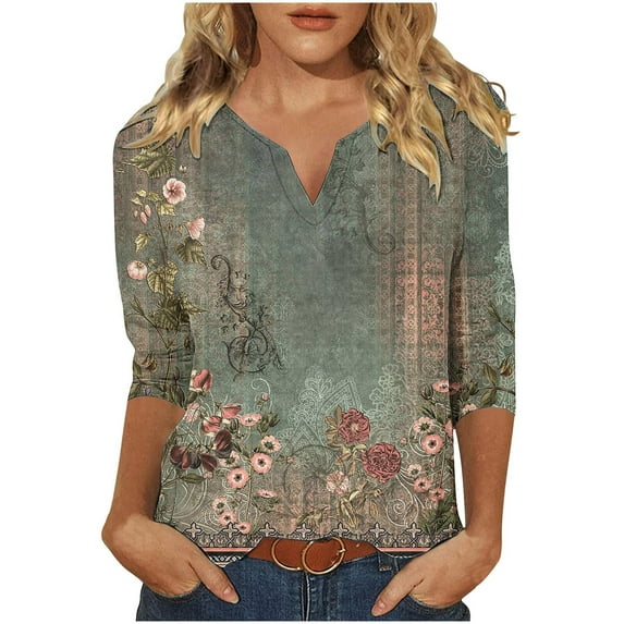 ZZwxWA 3/4 Sleeve Tops for Women Summer Floral Paisley Print Tees Shirts Trendy Ladies Blouses Dressy Casual Clothing 2025 Basic V Neck Tops for Women My Order